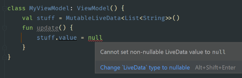 Android Studio showing an error when setting a non-nullable LiveData to null