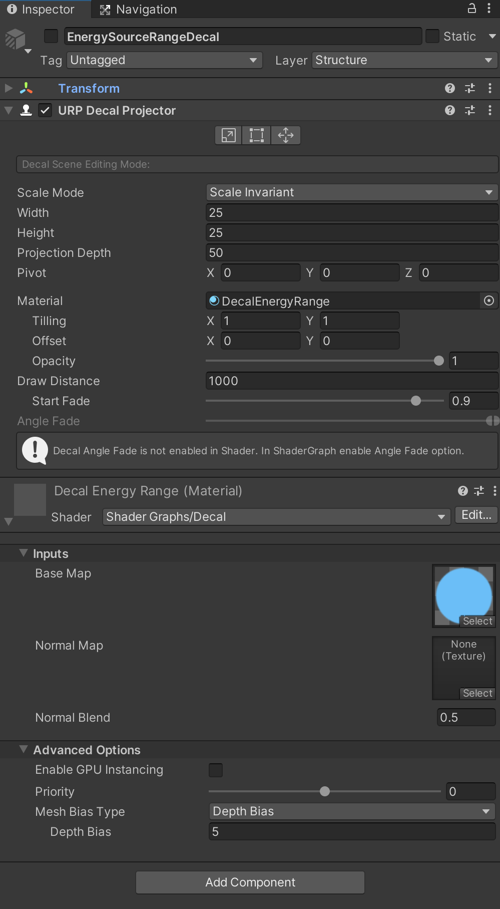 Configuration of the GameObject casting the decal