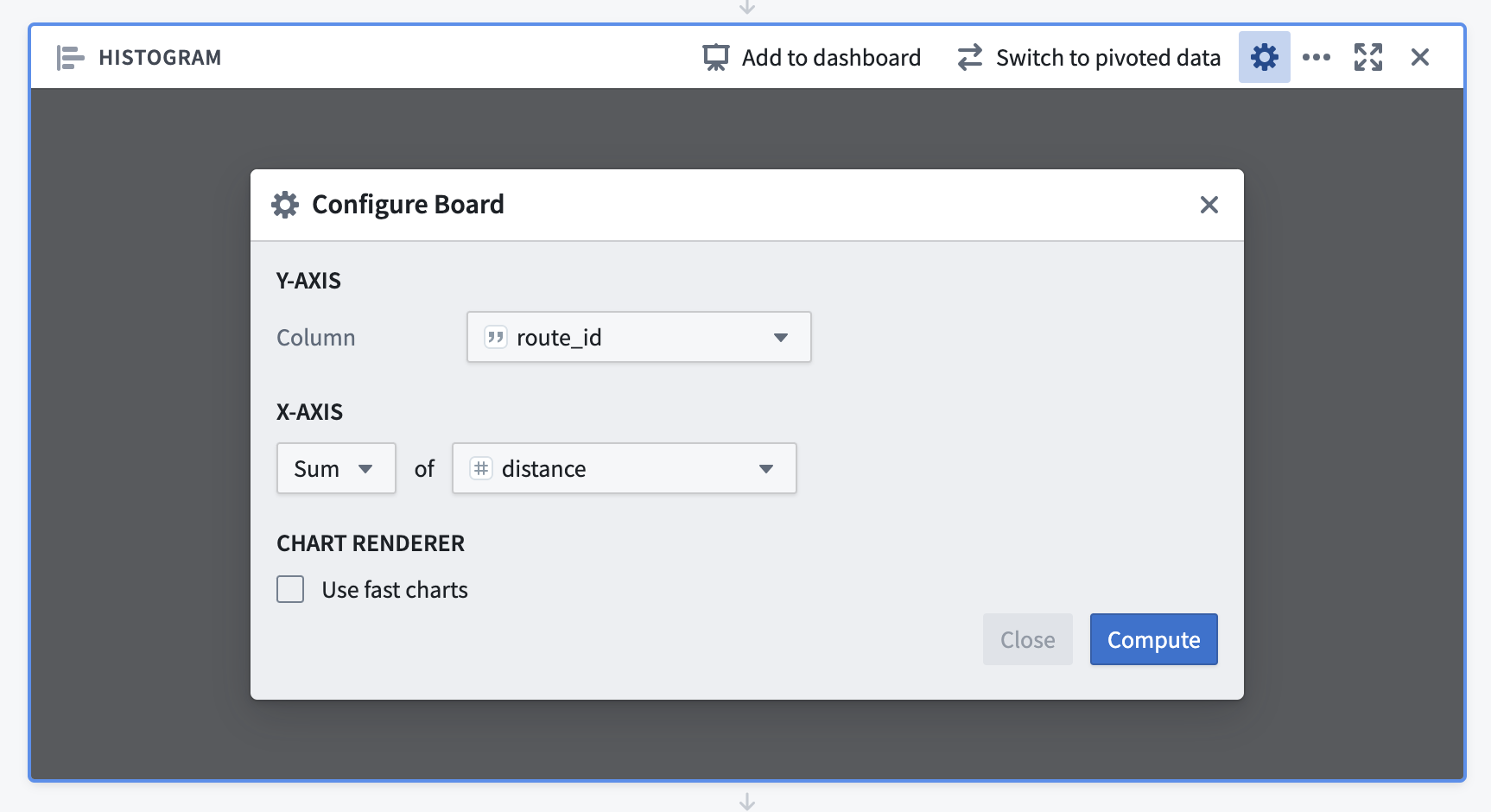 Configuration of the Contour Histogram board, showing the y-axis column set to 'route_id' and the x-axis set to display the 'Sum' of 'distance'