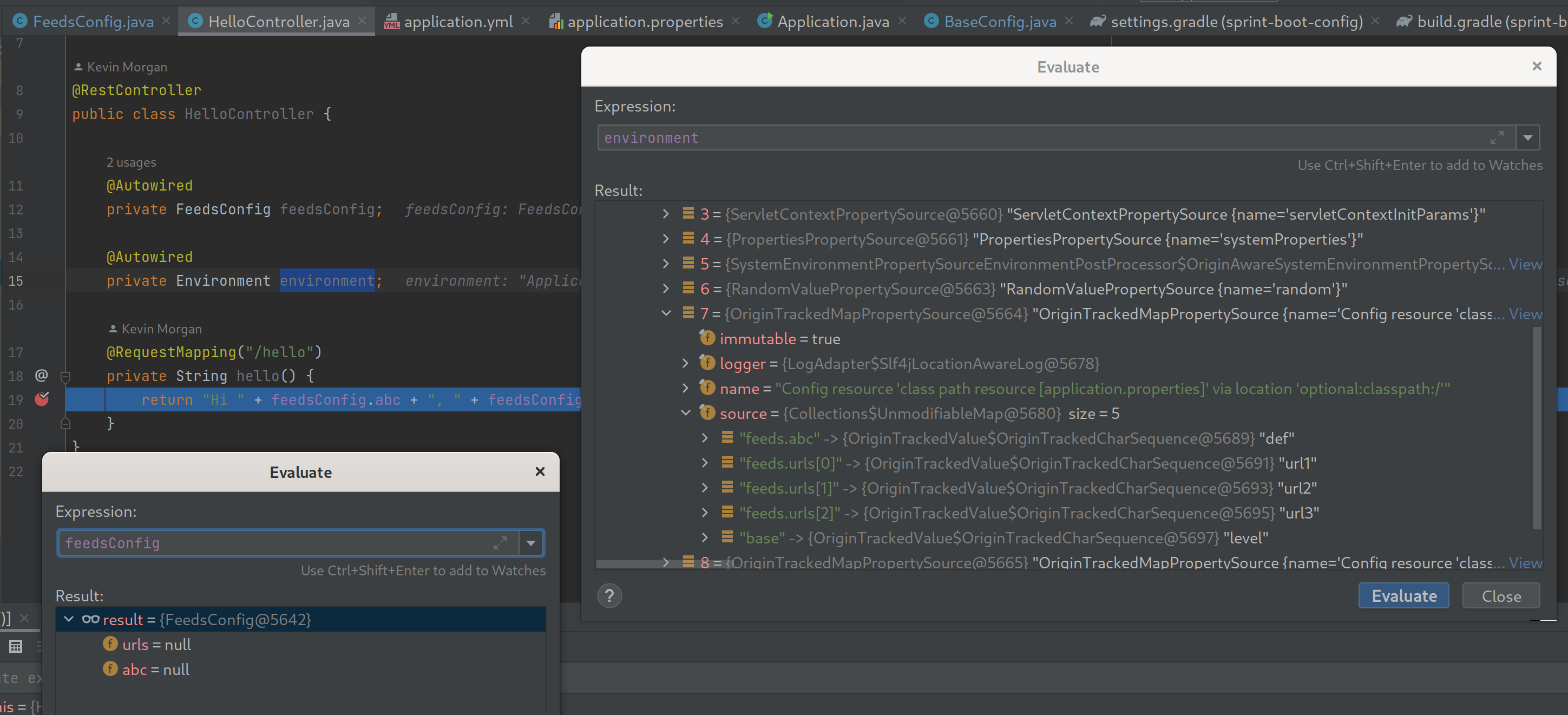 Debugger showing environment