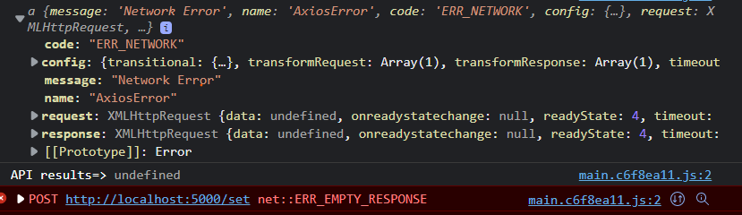 Console log axios network error message