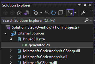 Solution Explorer external sources node showing the generated module