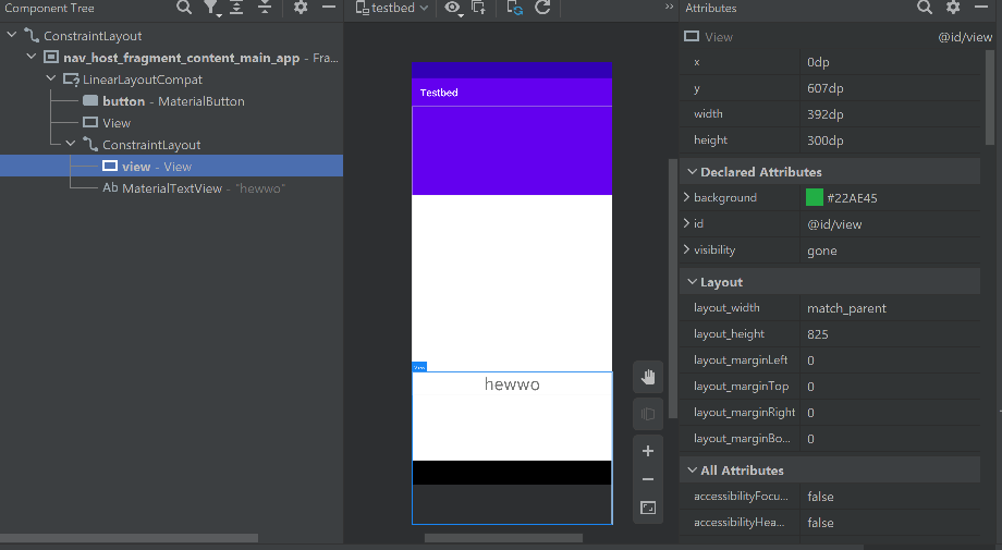 The Layout Inspector showing that the View is still full-size, but isn't affecting the rest of the layout