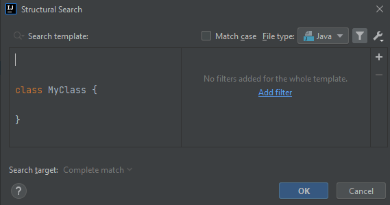 "class MyCLass {}" causes no errors, and Ok button is selectable