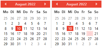 Calendar with mouse over the selected date (left) and mouse over an unselected date (right).