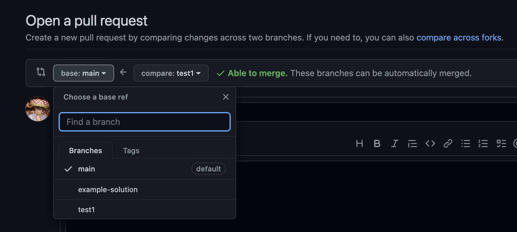 Change the "base" option to the branch you want