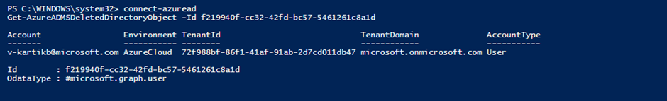 Azure AD command output