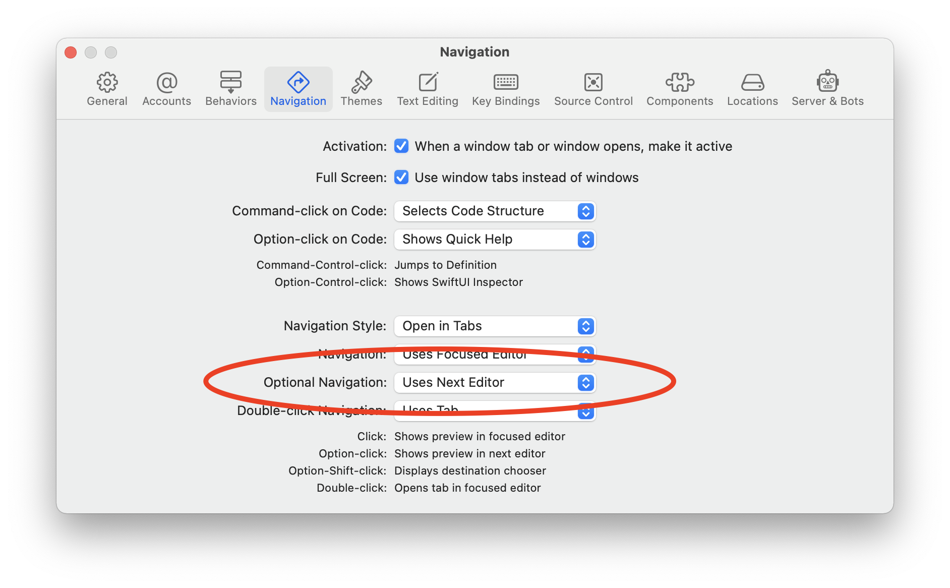 Xcode preferences showing the "Optional Navigation" preference being defined to "Uses Next Editor" by default