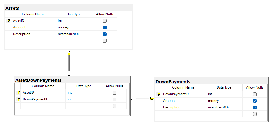 Database diagram showing Assets joined to DownPayments through a joining table