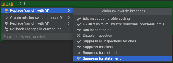 Replace 'switch' with 'if' > Suppress for statement