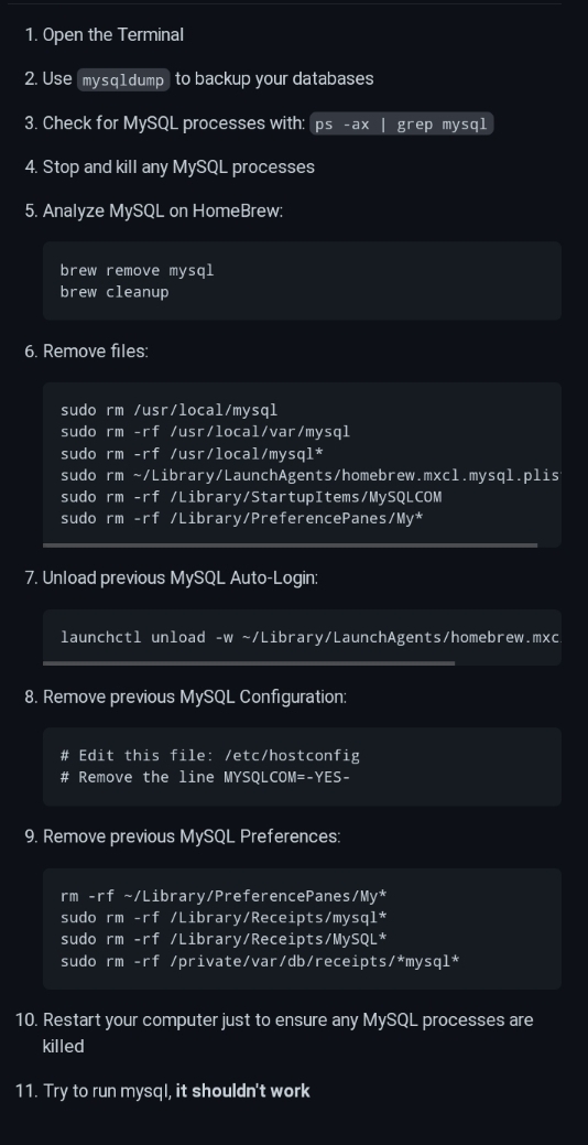 GitHub Post by VitorBritto to properly uninstall MySQL