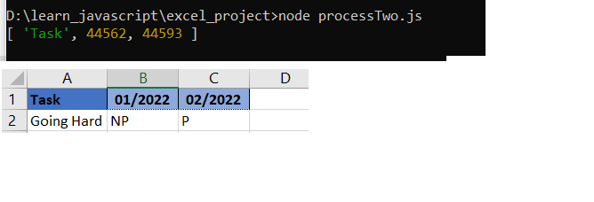 Image of console/node output and spreadsheet cells