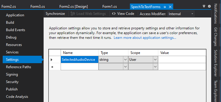 Create setting at design time