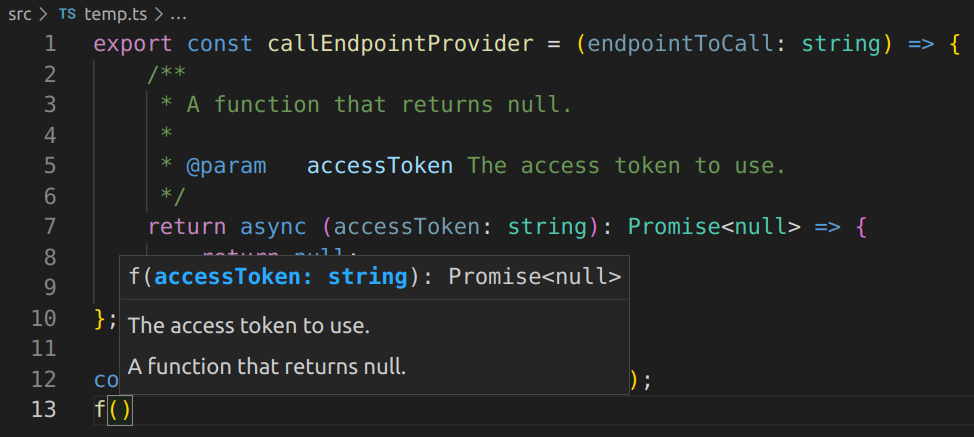 VS Code editor showing using the function returned by the function above, with the info panel with function documentation.