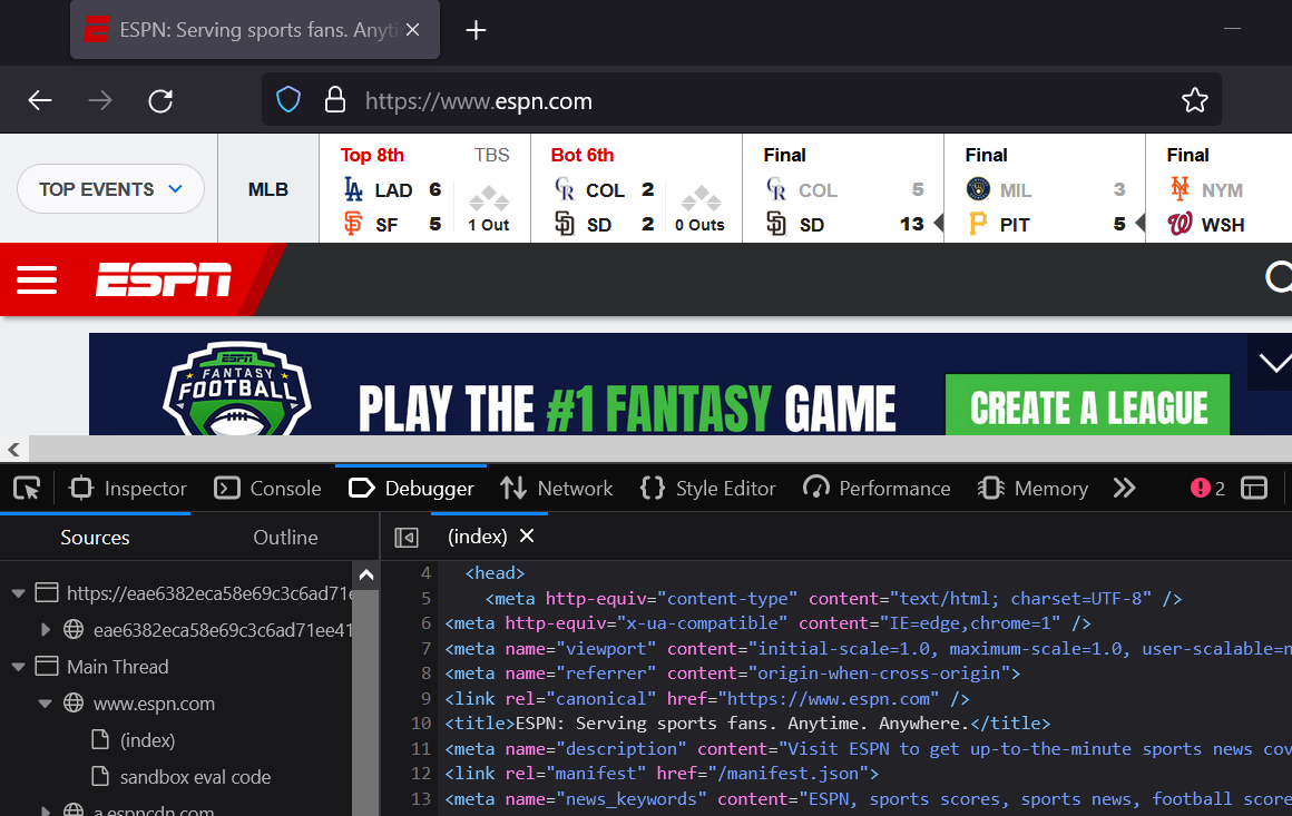 1 - espn.com w/firefox dev tools on debugger tab