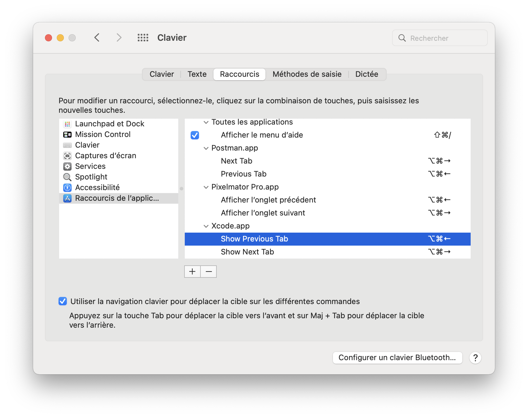 System preferences showing keyboard shortcuts (with the option key) for Xcode