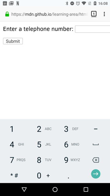 A screenshot from a browser on an Android phone, showing a website with a telephone input, and an open on-screen keyboard optimised for telephone numbers