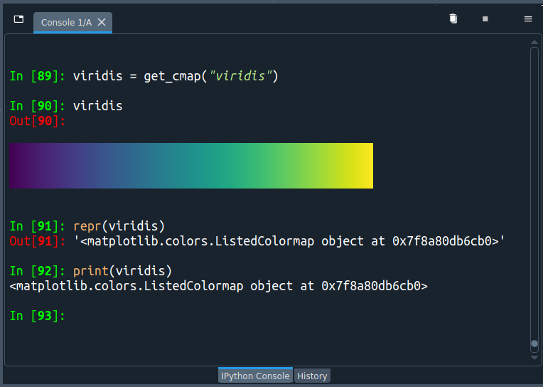 Screen shot of ipython console in Spyder showing Matplotlib color map rendering as a graph