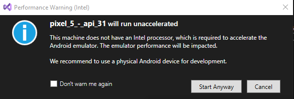 Visual Studio warning - Android emulator will run unaccelerated