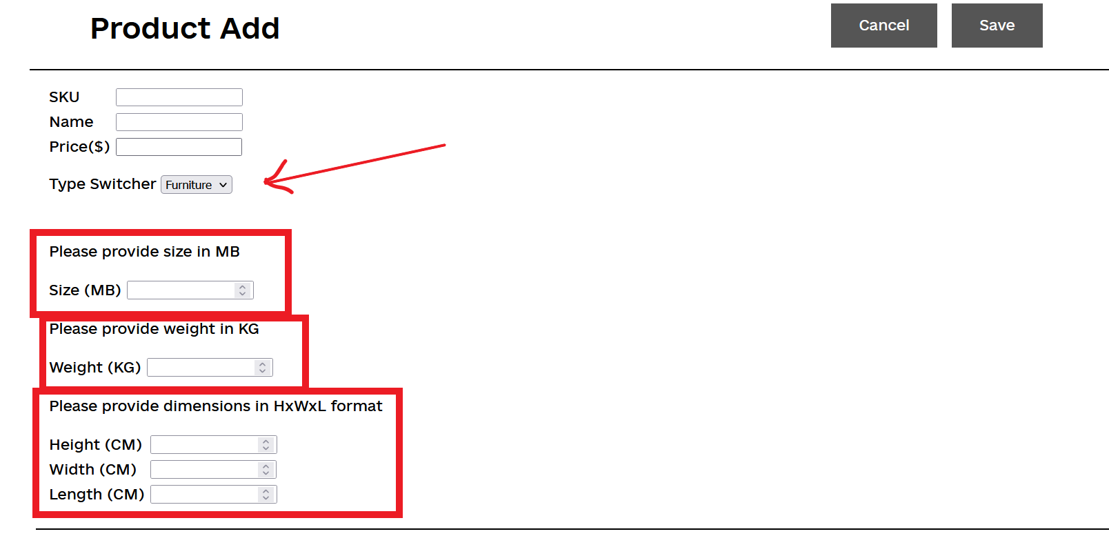 type switcher and containers marked by red rectangles