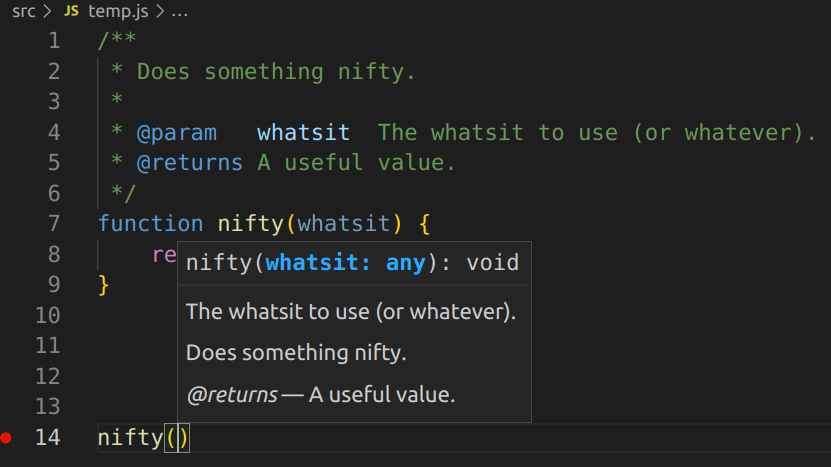 VSCode IDE showing the nifty function above being used, and showing a documentation box with the doc comments in it