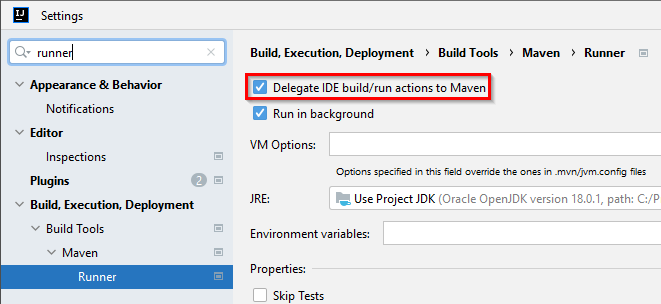 IntelliJ IDEA Maven runner settings