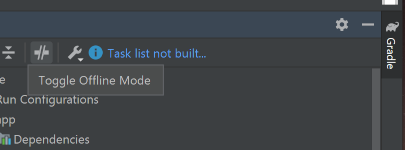 The Gradle panel with the offline-mode toggle highlighted