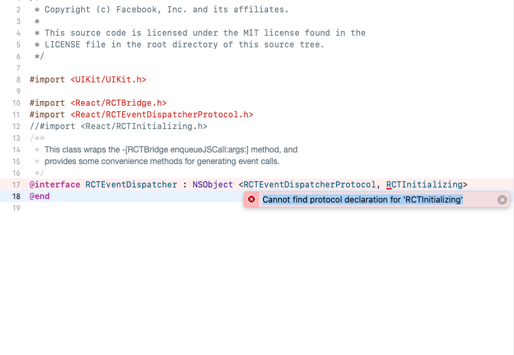 Cannot find protocol declaration for 'RCTInitializing'