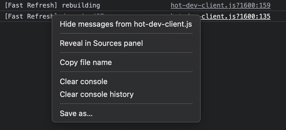 A right-click context menu higlighting the "Hide messages from hot-dev-client.js" option