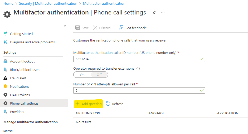 Azure Security MFA phone call settings screen