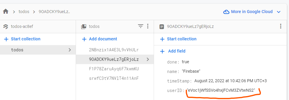 todos document with userID