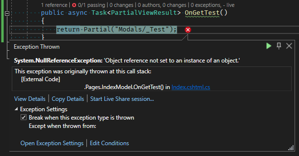 System.NullReferenceException when returning Partial