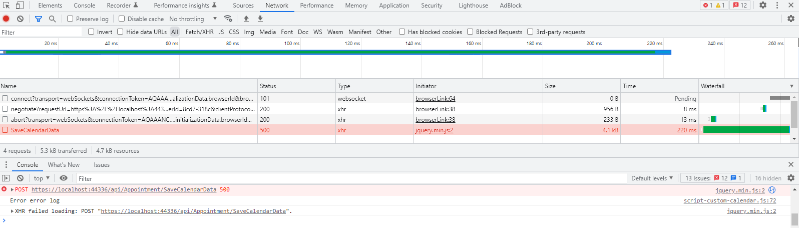 here is the Network response error message where its throwing 500