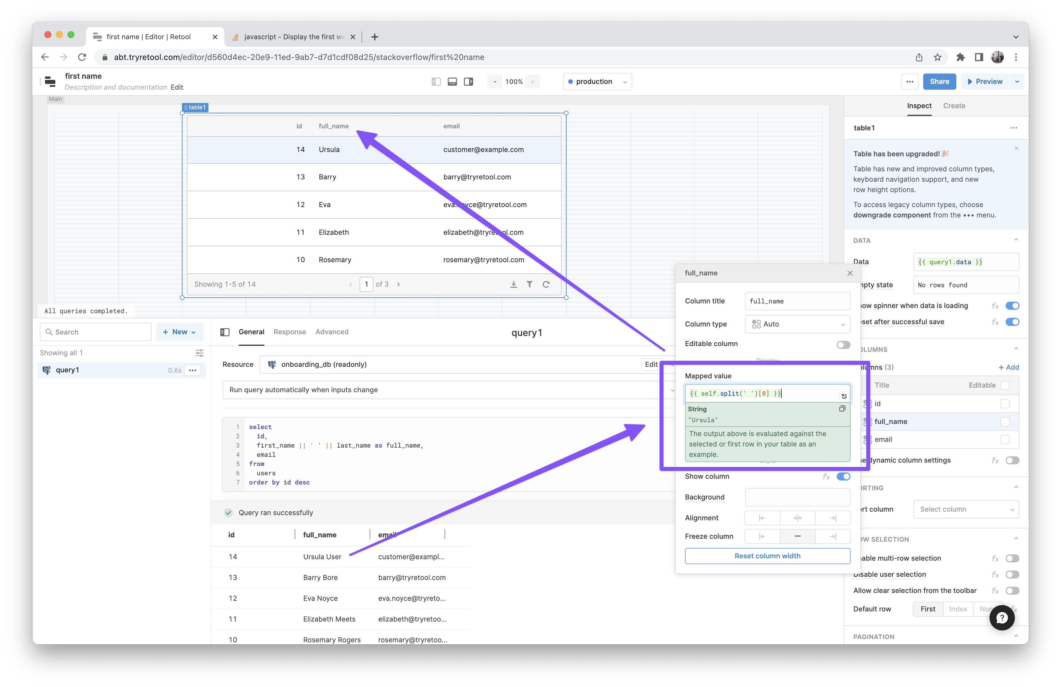 Table with the full_name column mapped to just use the first name