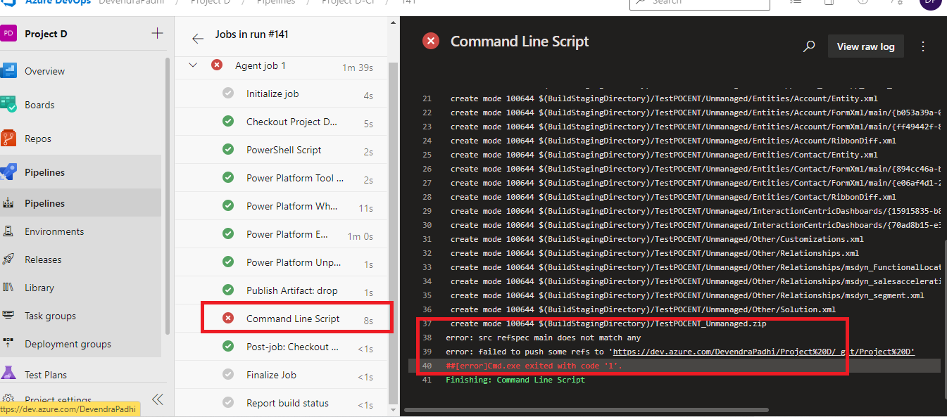 Azure pipeline Error message for Command line script