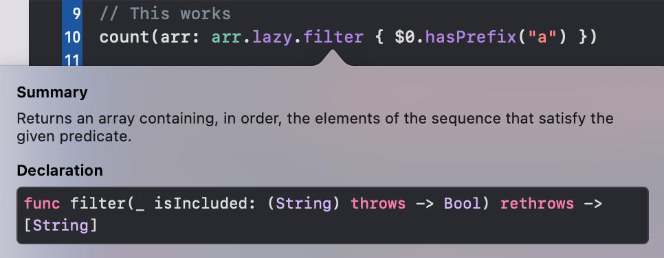 playground showing filter returning an array of String