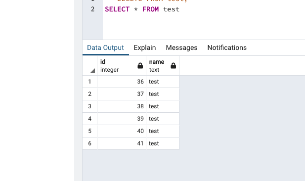 screenshot of test table results