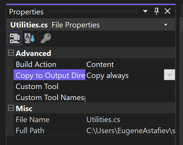 file properties, build action, copy to output folder