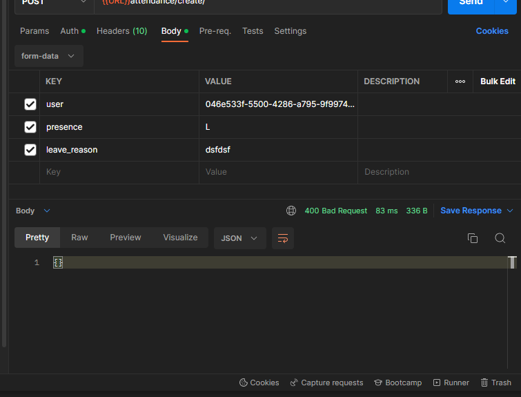 As you can see I'm sending user id, Presence=L(represents on leave) and leave_reason but the endpoint returns an empty {}