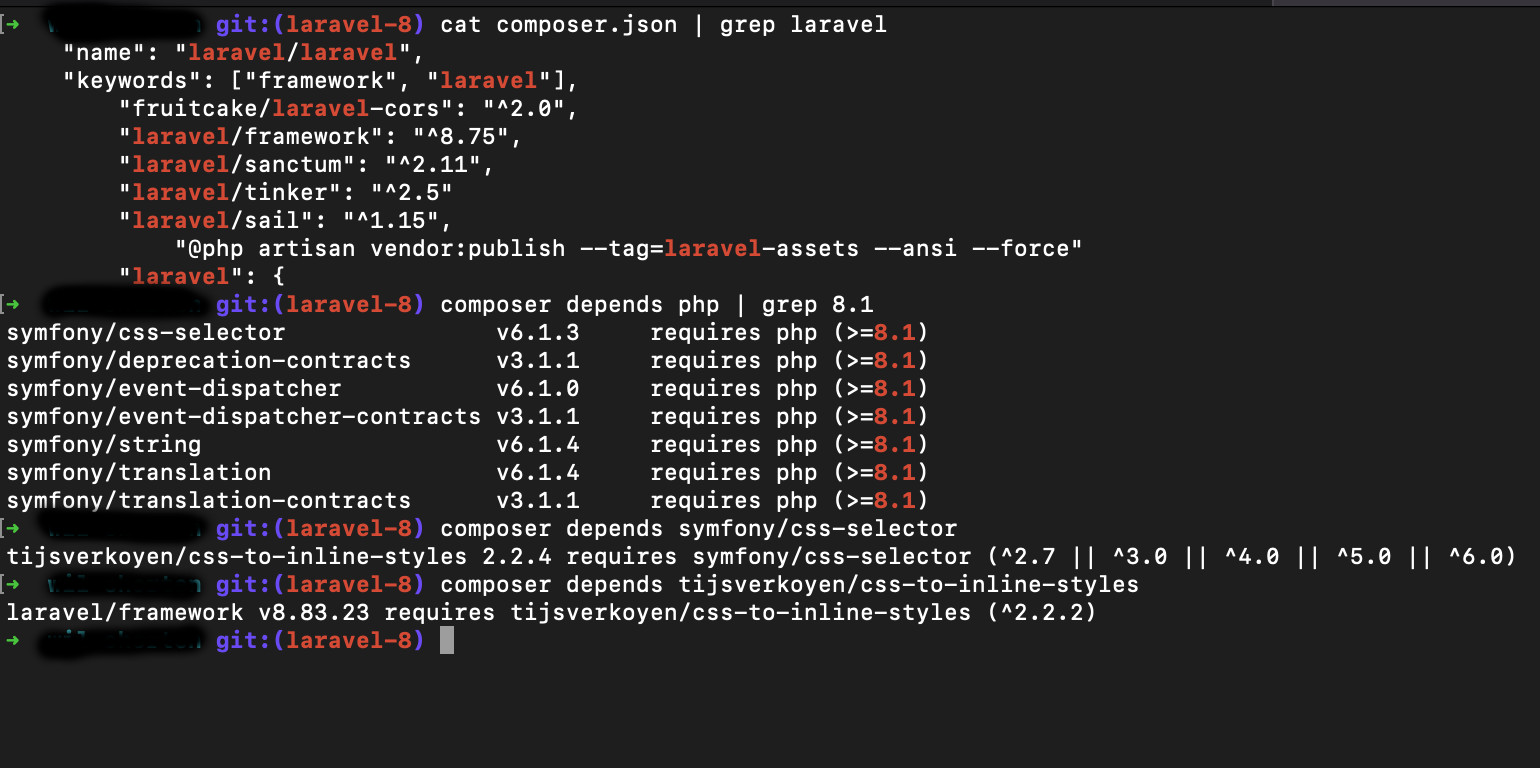 laravel packages dependent on php 8.1