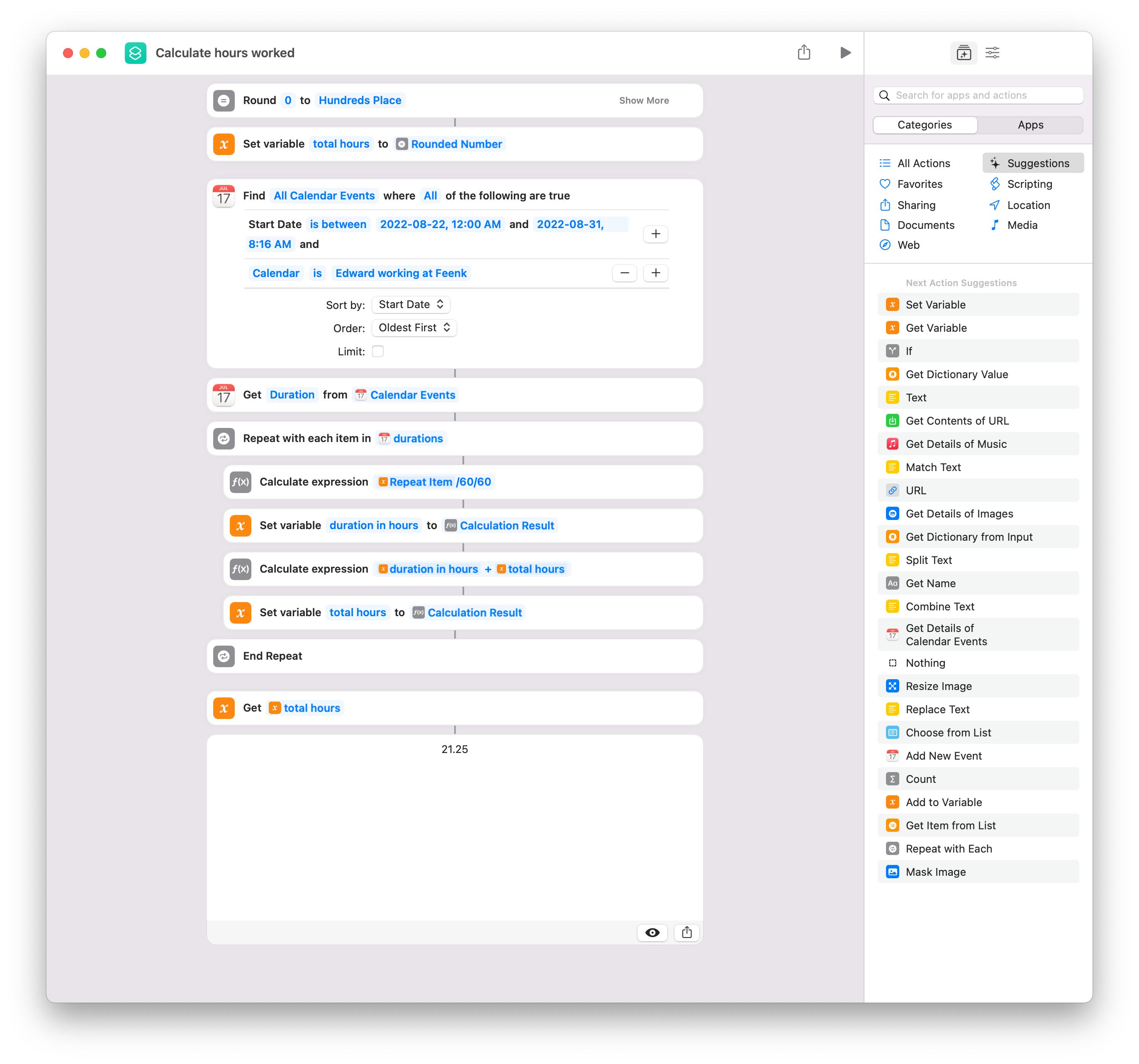 A macOS Shortcuts program calculating hours worked in a calendar