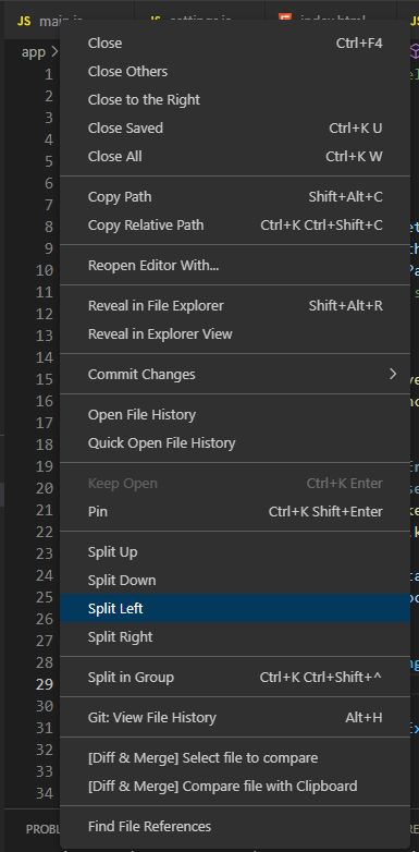 Split edit window in VS Code