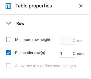 screenshot of Table properties showing row attributes