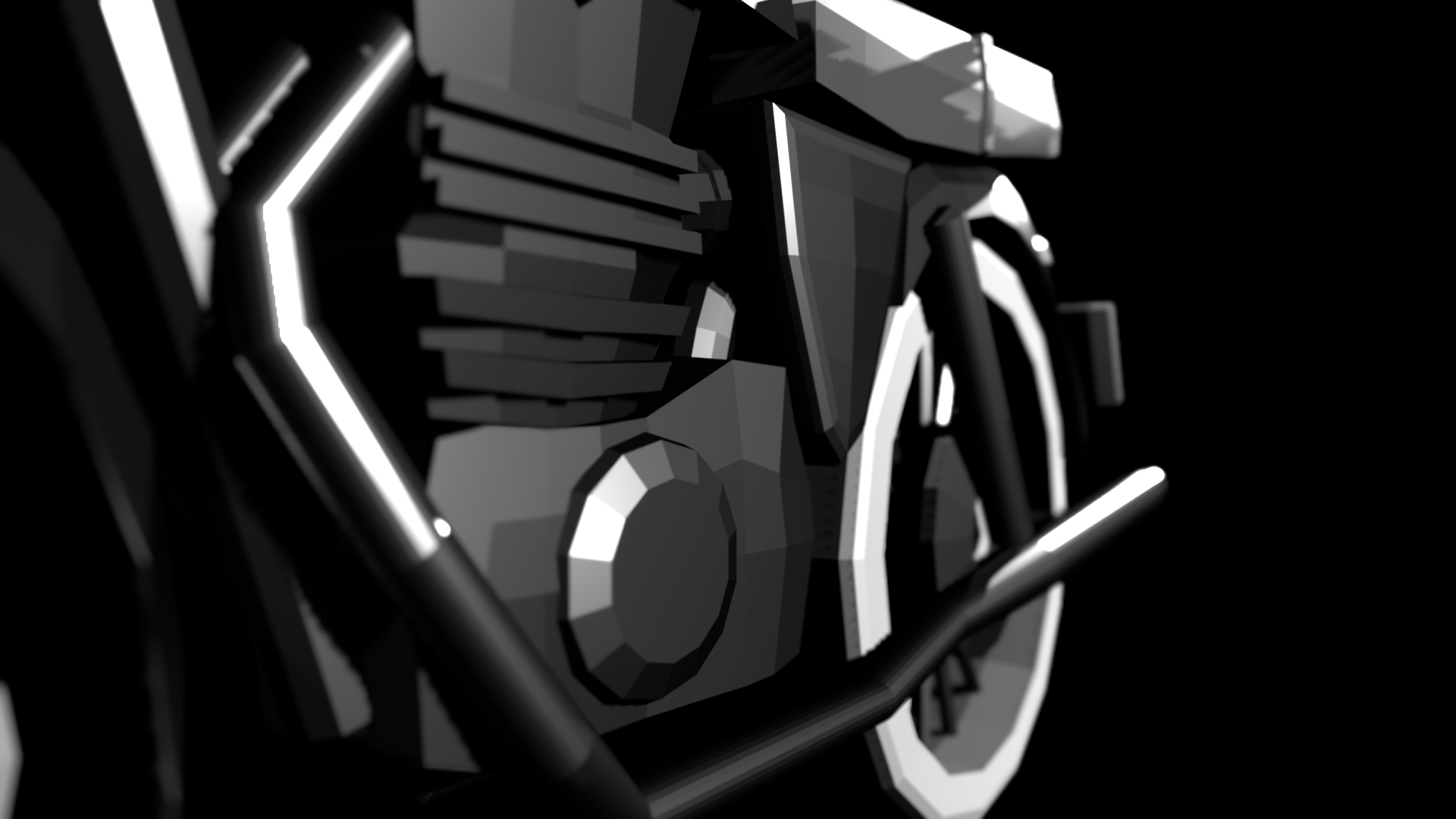 Side of a motorcycle, black and white lighting, with high contrast between shadows and highlights