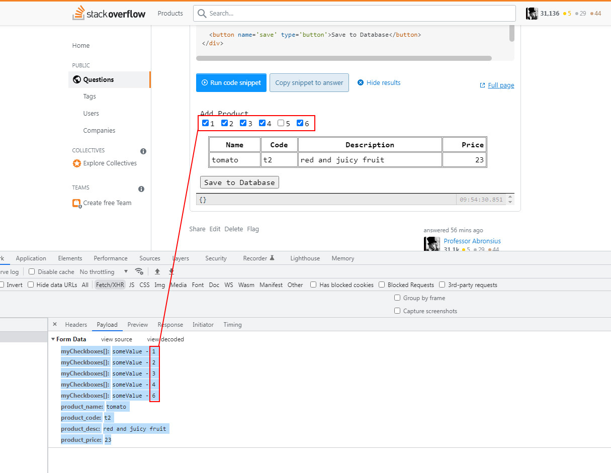 network request showing checkboxes are present in request