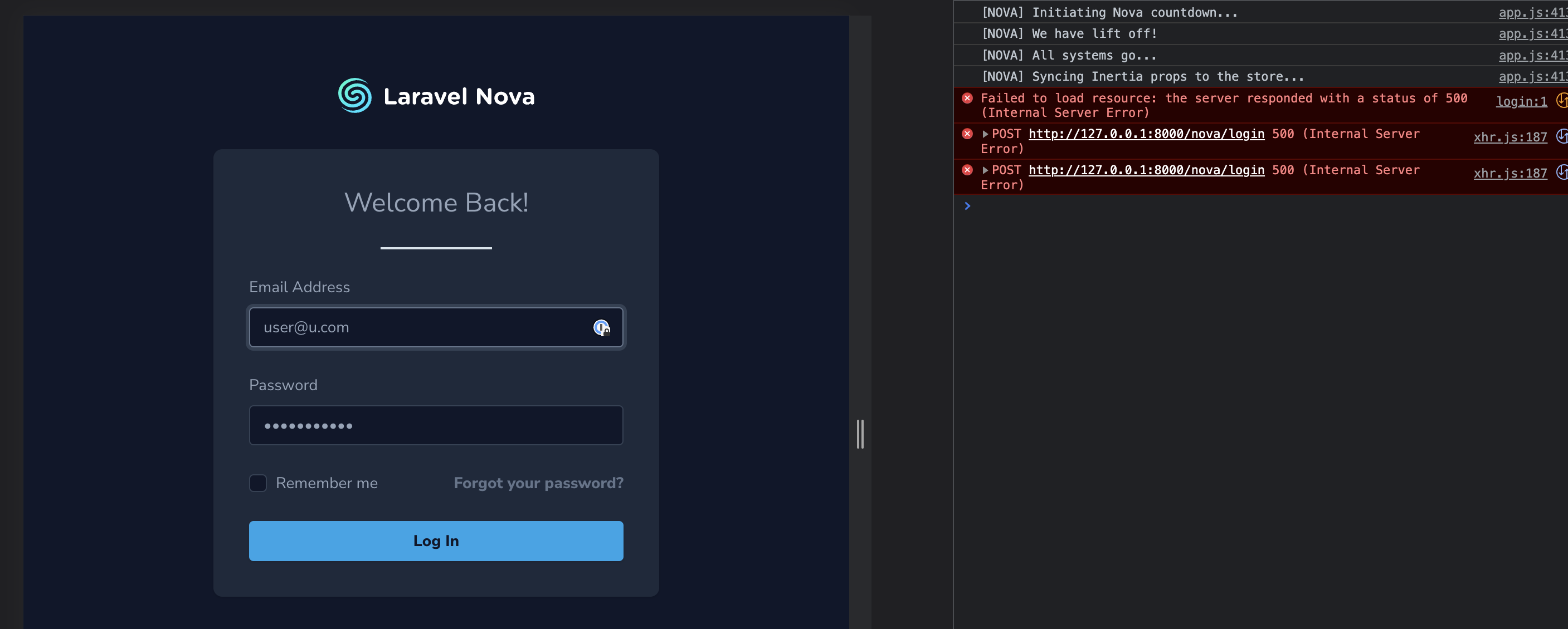 vendor.js?id=e15854a5c71630925db0da9393d8055c:2          POST http://127.0.0.1:8000/nova/login 500 (Internal Server Error)