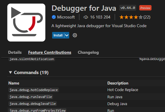 Debugger for Java extension details page showing expanded "Commands" section with first few command codes