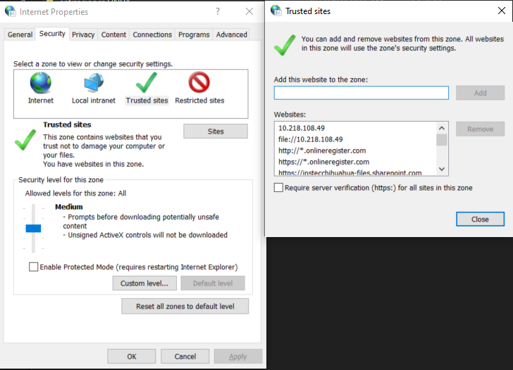 Trusted Sites option on Internet properties from Windows 10