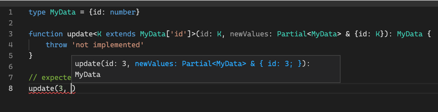 intellisense suggesting type Partial & {id: 3}