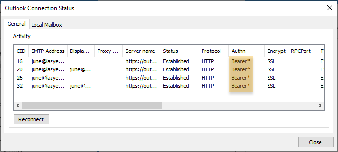 Connection Status Dialog showing Activity table